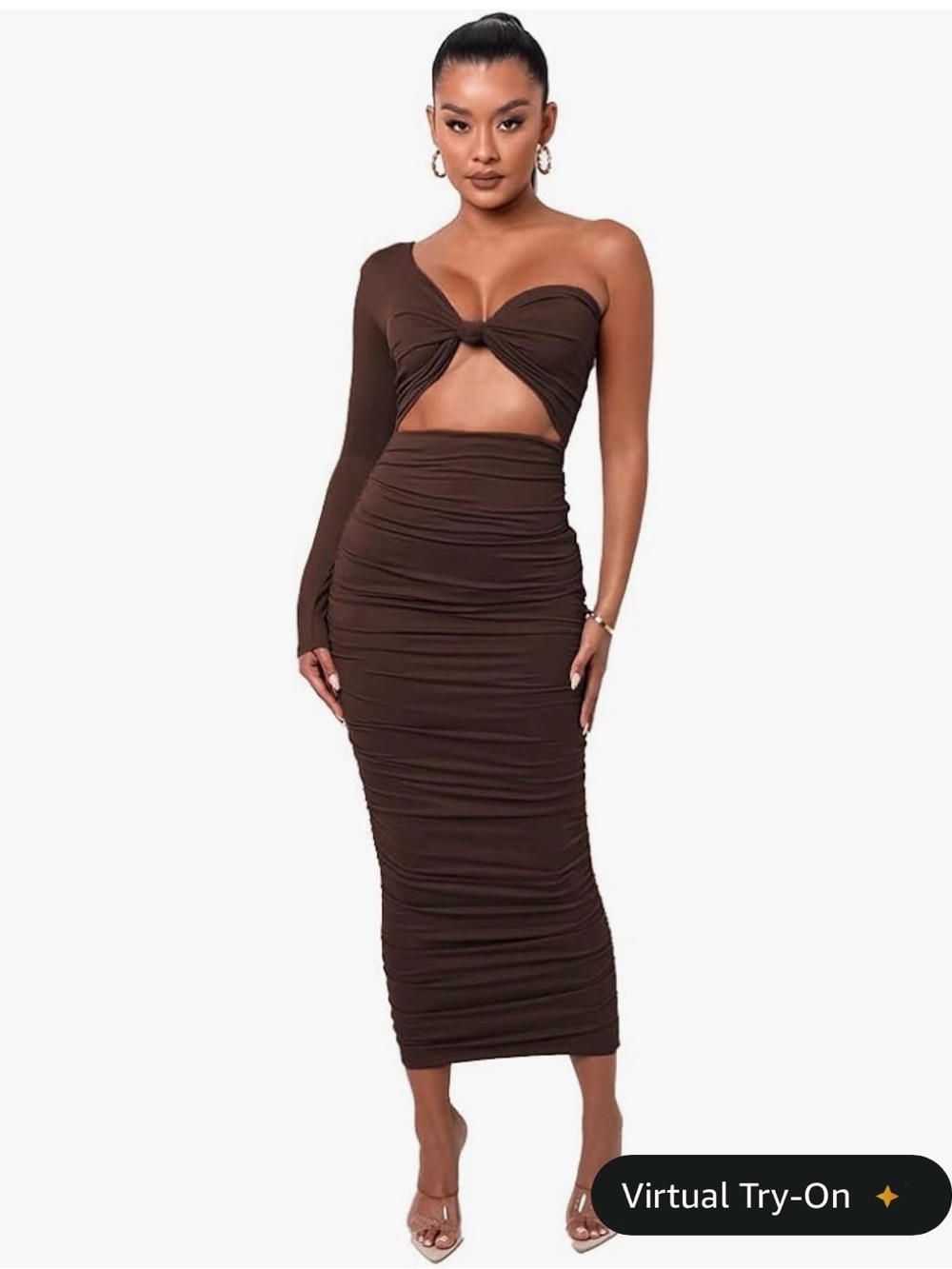 Amazon One-Shoulder Cutout Ruched Midi Dress - Brown